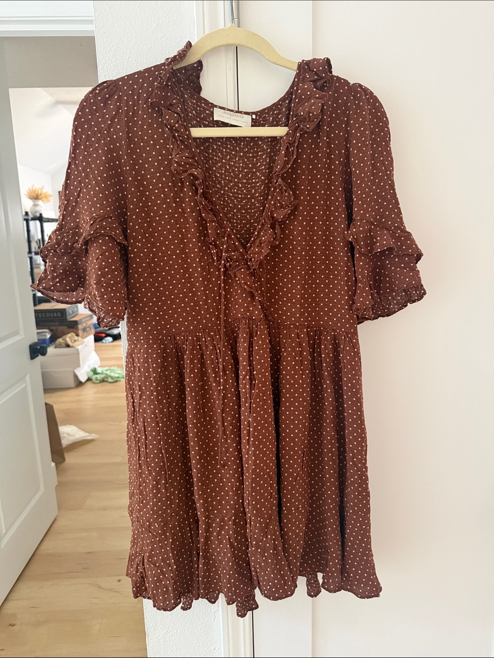 Auguste The Label Brown Polka Dot Ruffle Mini Dress